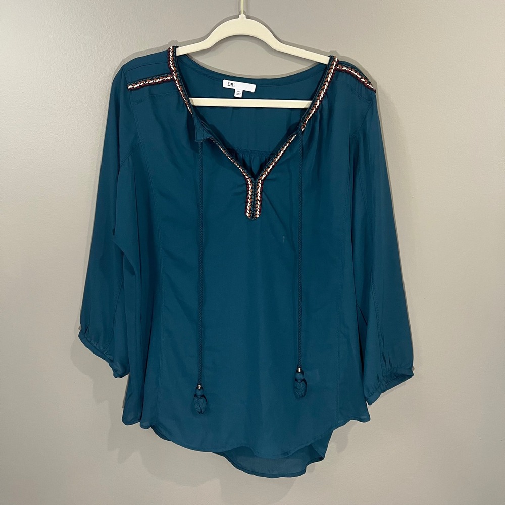 DR2 Peasant Blouse Womens XXL Dark Teal Green Great Condition Embroidered Tassel